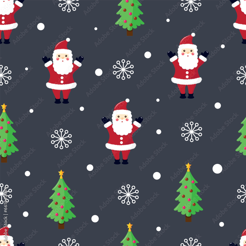 Christmas cartoon seamless pattern with Santa Claus,Christmas tree and snowflakes