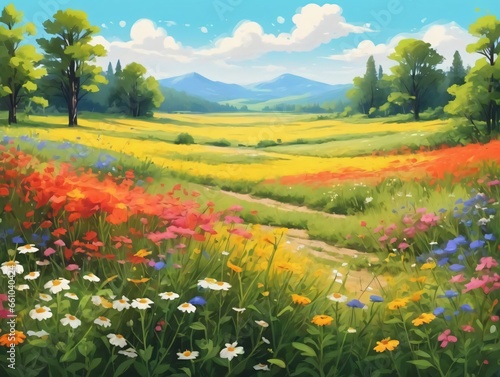 A Painting Of A Field With Flowers And Trees