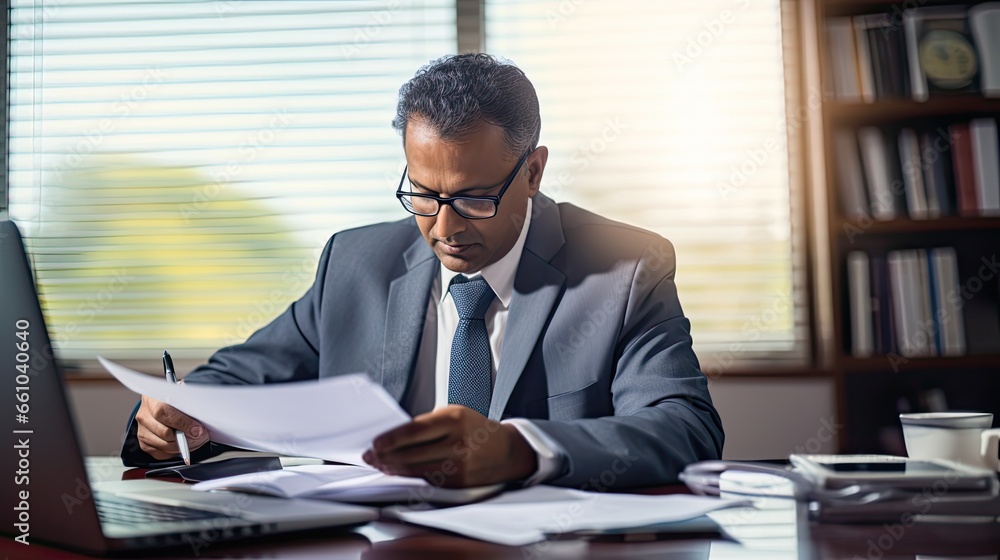 Indian business man, busy mature executive manager holding financial accounting papers checking banking income documents file report using laptop computer working in office sitting at desk Indian business man, busy mature executive manager holding financial accounting papers checking banking income documents file report using laptop computer working in office sitting at desk