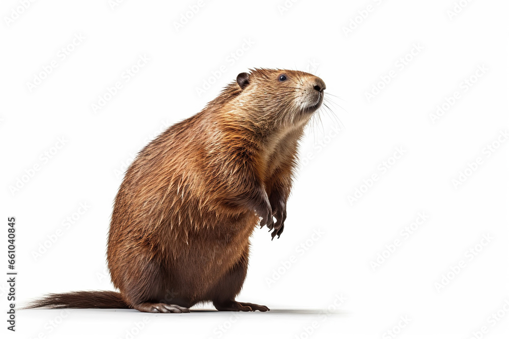 Beaver Standing on Hind Legs in a White Background