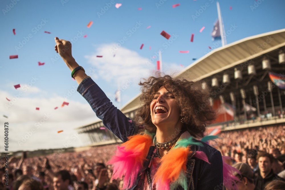 Obraz premium Festival Joy: Female Radiates Happiness, Lost in the Music's Embrace at a Vibrant Music Celebration