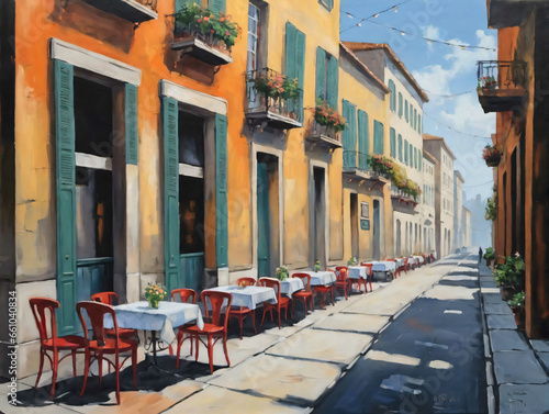 A Painting Of A Street Scene With Tables And Chairs