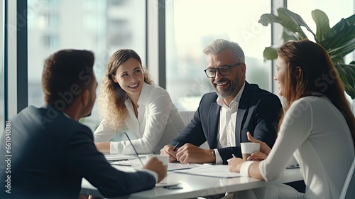 Professional executives business group working with documents at meeting in office. Smiling corporate board team having discussion planning company project strategy sitting at board room table