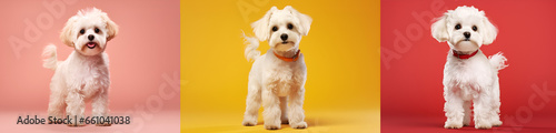White Maltipoo dog isolated on colored background. Set of studio shots of a lovely Maltipoo doggy on pink, yellow and red background. Pet care and pet love concept