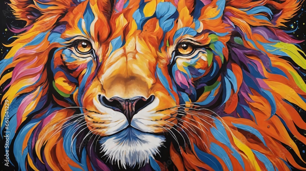 A Painting Of A Lion With Colorful Colors