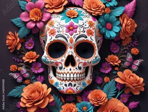 A Skull Surrounded By Flowers And Butterflies © Pixel Matrix