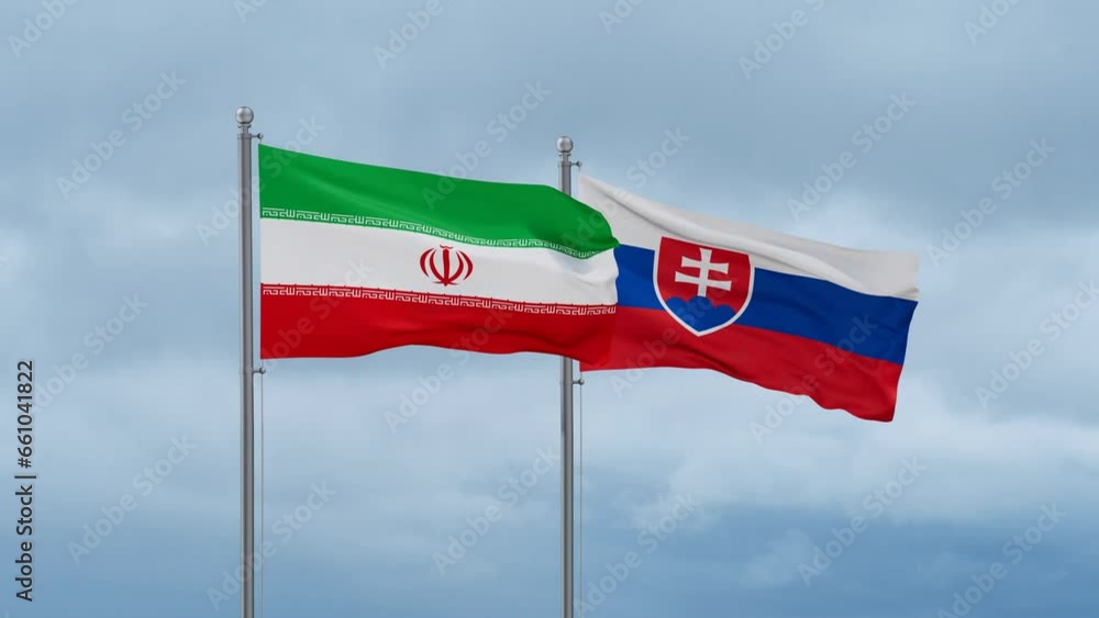 Slovak Republic or Slovakia and Iran flag waving together on cloudy sky, endless seamless loop, two country cooperation concept Slovak Republic or Slovakia and Iran flag waving together on cloudy sky, endless seamless loop, two country cooperation concept