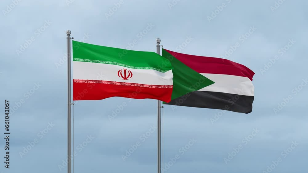 Sudan and Iran flag waving together on cloudy sky, endless seamless loop, two country cooperation concept Sudan and Iran flag waving together on cloudy sky, endless seamless loop, two country cooperation concept