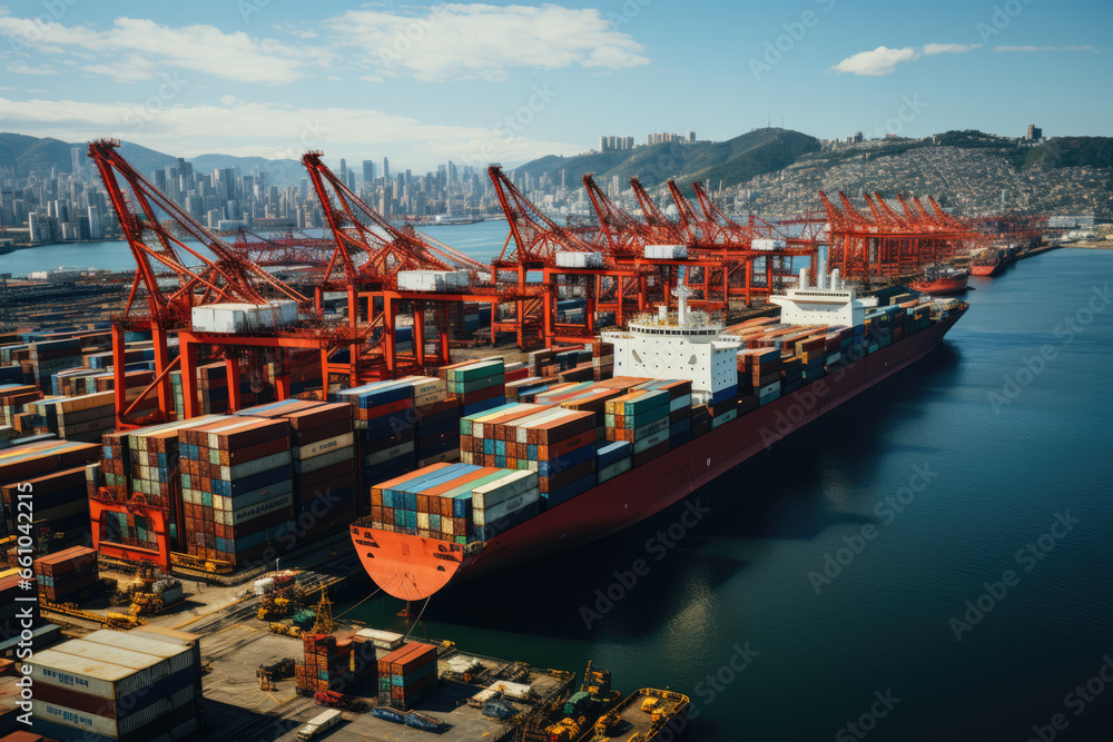 Logistics and Transportation Hub: A bustling international port with ships, containers, and advanced technology, representing the global movement of goods and the intricate logistics.