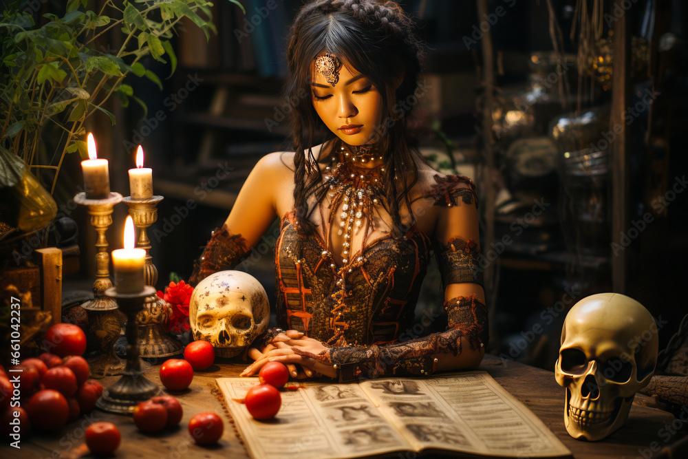 Mysterious Asian sorceress casting a dark spell over Chinese skull. - obrazy, fototapety, plakaty 