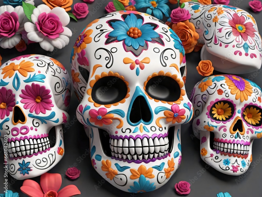 A Group Of Skulls With Colorful Flowers A Group Of Skulls With Colorful Flowers