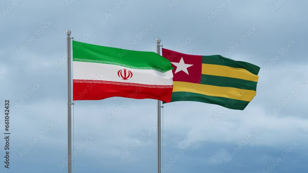 Togo, Togolese Republic and Iran flag waving together on cloudy sky, endless seamless loop, two country cooperation concept Togo, Togolese Republic and Iran flag waving together on cloudy sky, endless seamless loop, two country cooperation concept