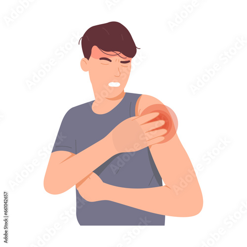 Man has shoulder pain from inflammation. Male feels pain in his arm after exercising. Hand drawn vector character illustration. Isolated on white background.