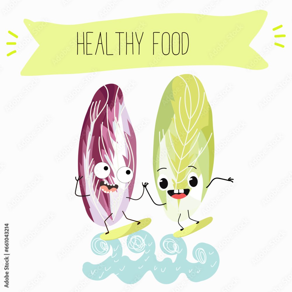 Belgian endive, red Belgian endive, chicory greens. Character cartoon cheerful funny vegetable, greens, salad. Vector illustration. Belgian endive, red Belgian endive, chicory greens. Character cartoon cheerful funny vegetable, greens, salad. Vector illustration.
