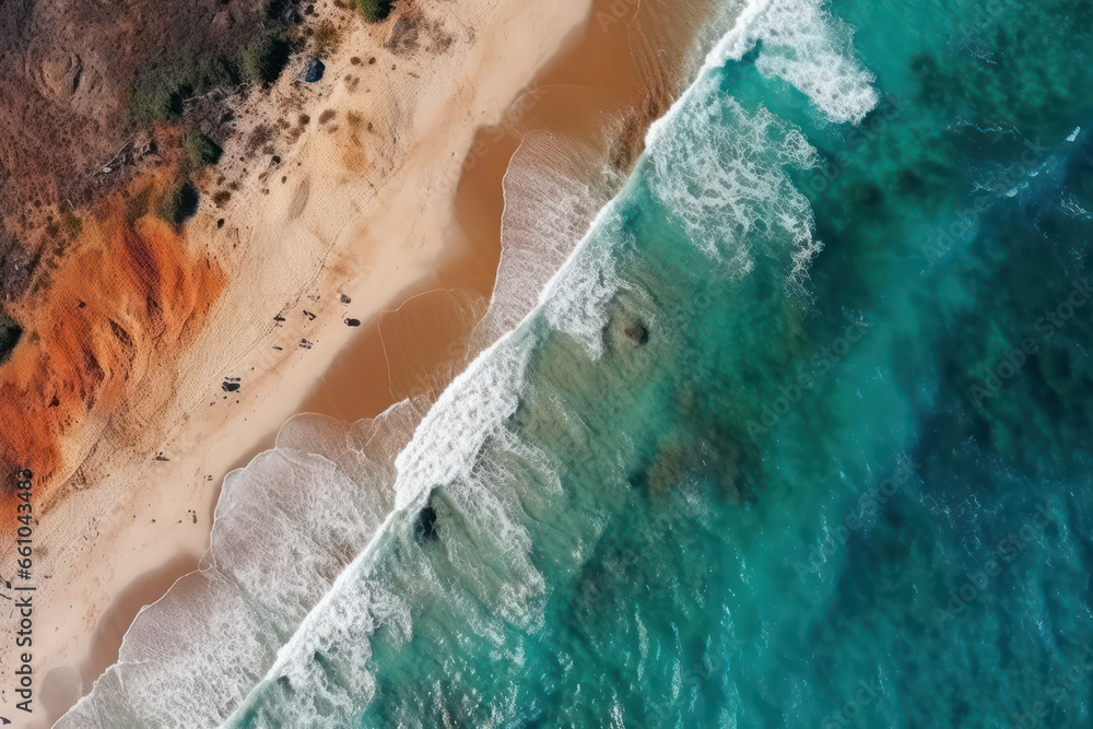 aerial view of a coastline with wavy sea and red sand beach