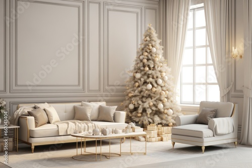 Modern bright gray living room with Christmas tree . Mock up at the wall. Copy space. Rental of property . Luxury hotel for romantic winter weekend. Xmas holiday.