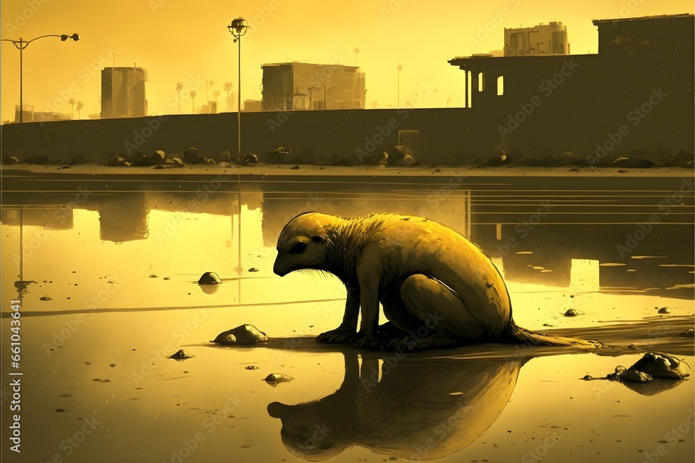 sloth slowly sinking in to La Brea tar pit struggles in an extremely