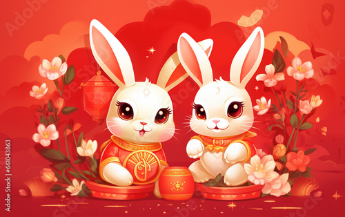 Chinese Zodiac Year of the Rabbit Illustration,,created with Generative AI tecnology.