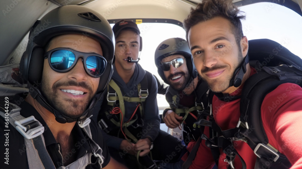 Group of friends selfie in plan for skydiving. Extreme sport fun adventure - obrazy, fototapety, plakaty 