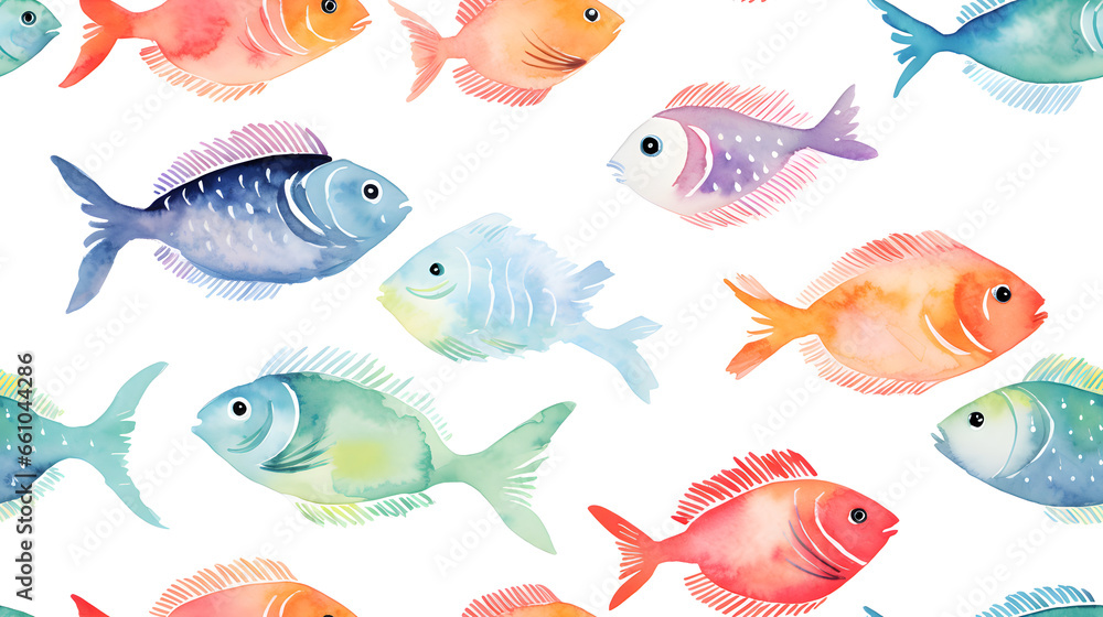 pattern with fishes, Seamless, watercolor, Generative Ai