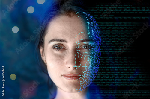 Portrait of a woman symbolically turning into virtual human, virtual character, or digital clone, using computer-generated from the real persona. AI artificial intelligence #661044415