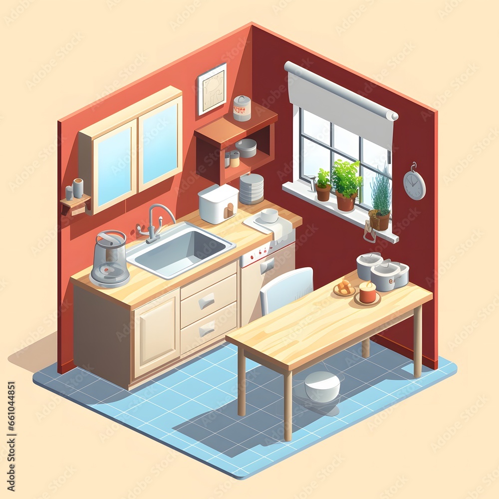 kitchen room isometric style, table, sink, owen kitchen room isometric style, table, sink, owen