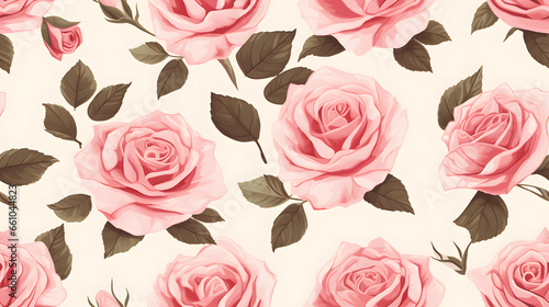 Seamless pattern with pink roses on beige background, Generative Ai