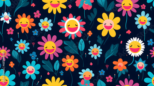 Seamless pattern with smiling flowers, illustration, Generative Ai