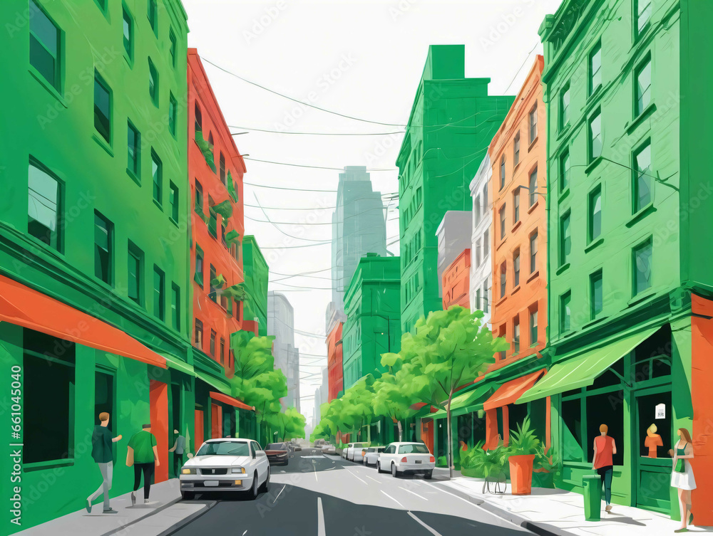 A Street Scene With A Green Building And Cars