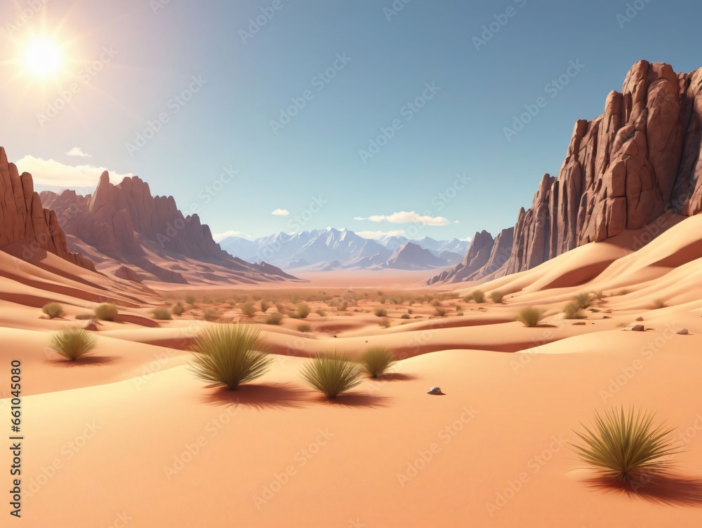 Naklejka premium A Desert Scene With A Mountain Range In The Background