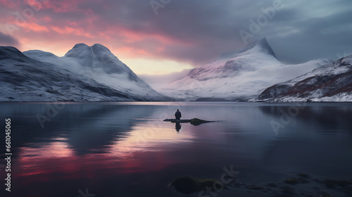 pre-dawn Scottish landscape, loch and mountains, canoist on loch, snow on mountains, beautiful light, cinematic, movie still, Full HD, DTM, 8k, photorealistic, ultra detailed, tonemapped photo