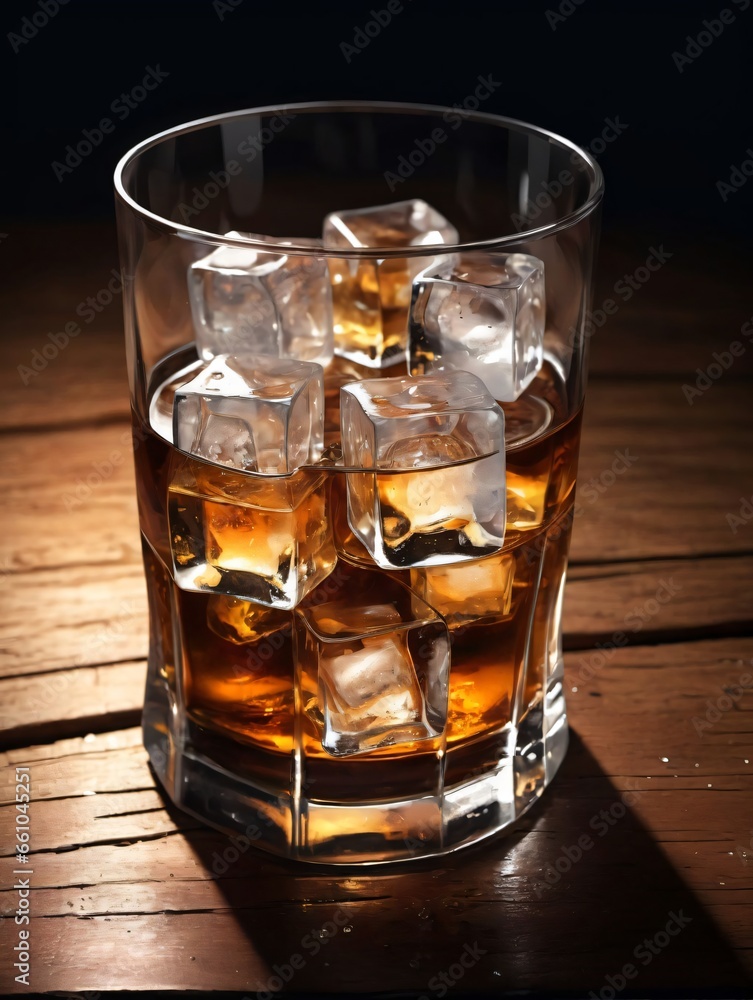 A Glass Of Whiskey With Ice On A Wooden Table