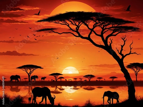 A Sunset Scene With Elephants And Birds © Pixel Matrix