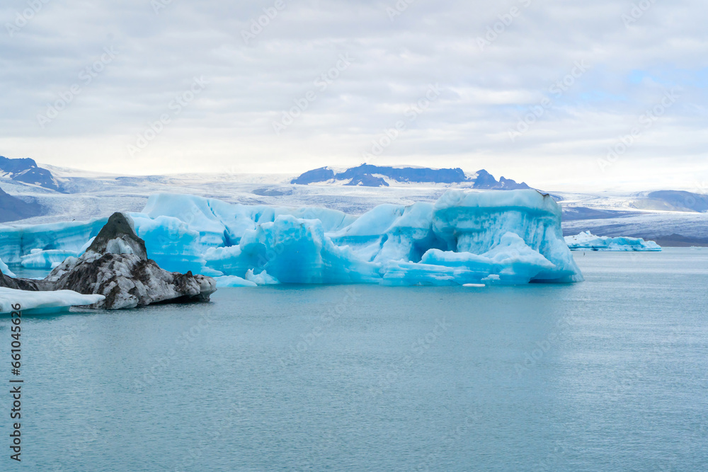 Jokulsarlon lake in Iceland. Iceland. Ice as a background. Vatnajokull National Park. Panoramic view of the ice lagoon. Winter landscapes in Iceland. Natural background. 