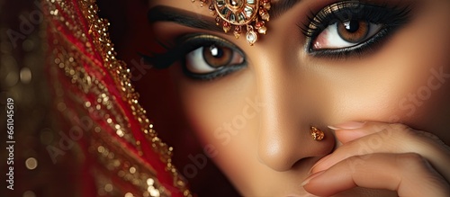 A close up shot of a makeup artist applying eyeliner to a traditional Indian bride With copyspace for text photo