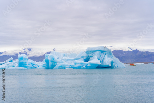 Jokulsarlon lake in Iceland. Iceland. Ice as a background. Vatnajokull National Park. Panoramic view of the ice lagoon. Winter landscapes in Iceland. Natural background. 