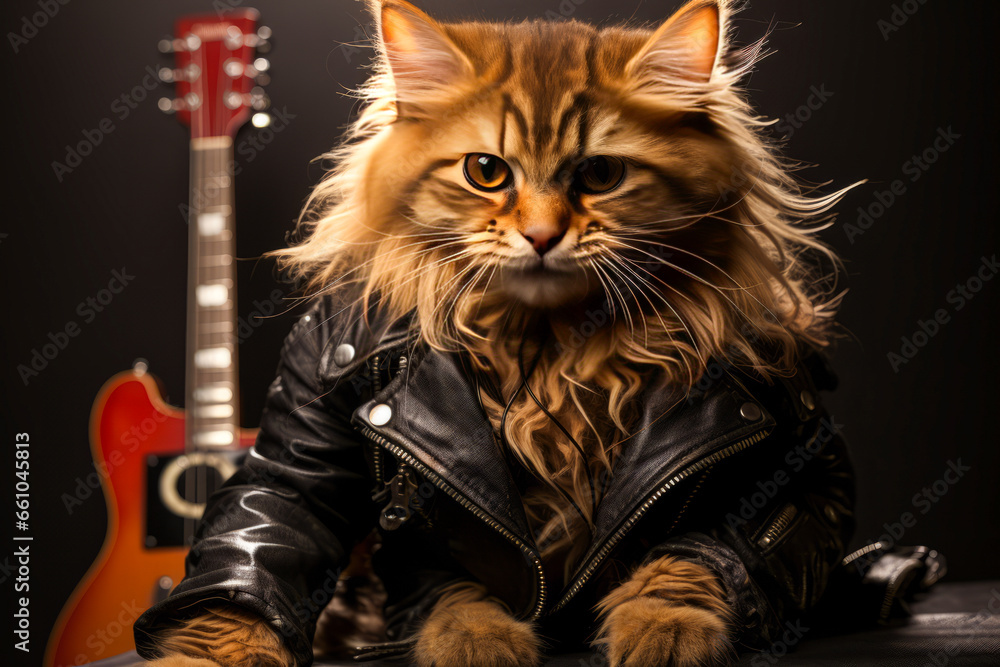 Rebellious cat rocker in leather jacket strumming electric guitar ...