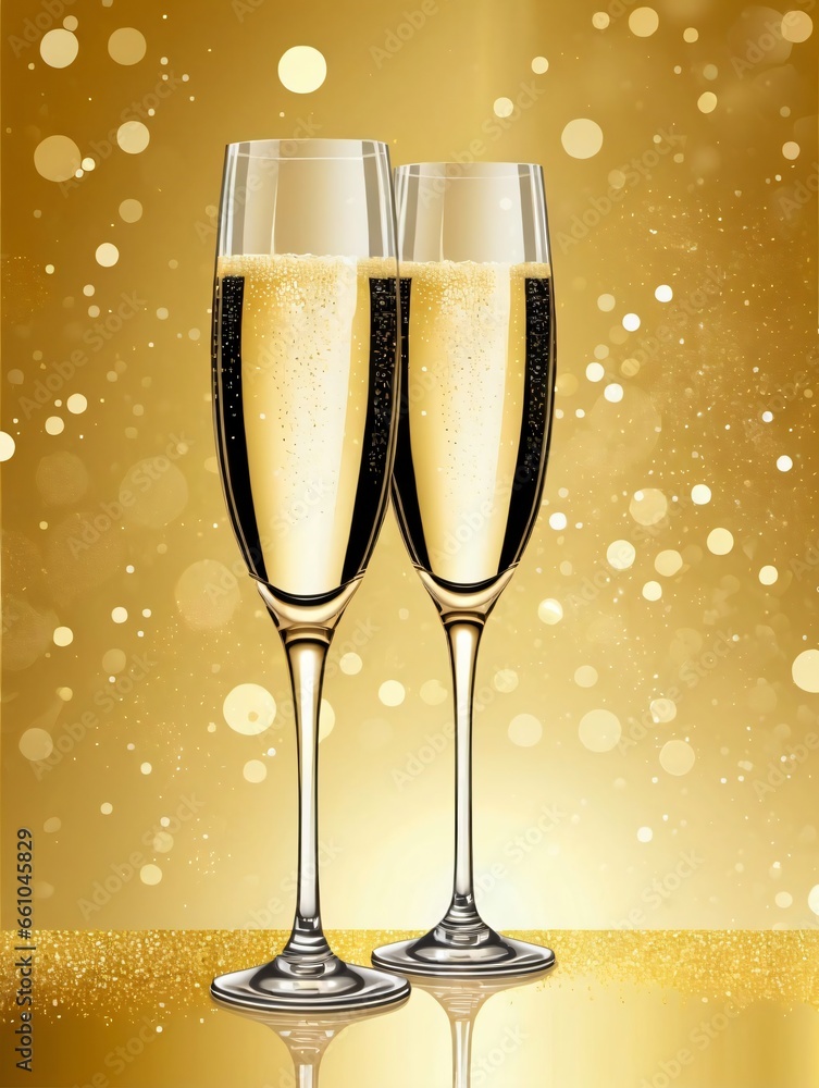 Two Glasses Of Champagne On A Golden Background With Bo Lights Vector Two Glasses Of Champagne On A Golden Background With Bo Lights Vector
