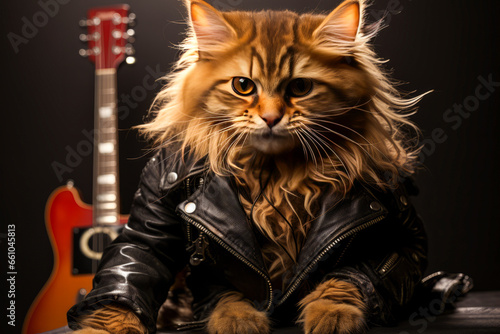 Rebellious cat rocker in leather jacket strumming electric guitar.