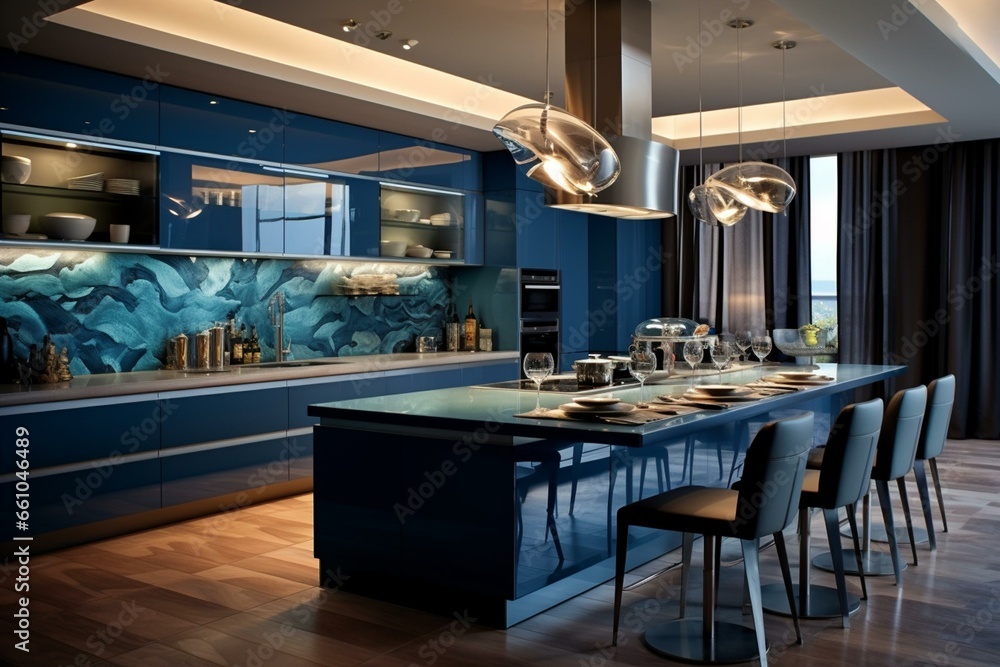 Contemporary kitchen in blue tones. Generative AI