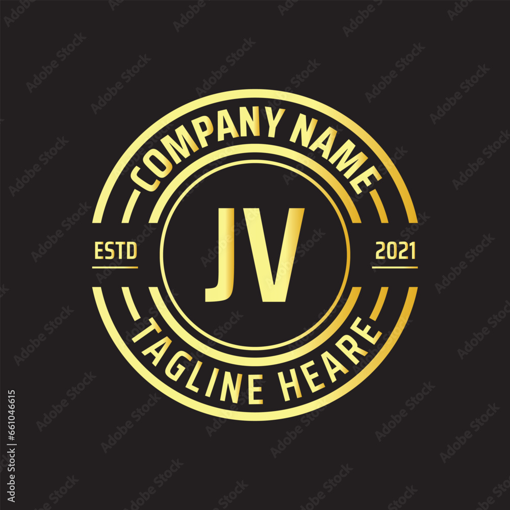 Professional simple Letter JV Circle Luxury Gold Color Vector Logo Template