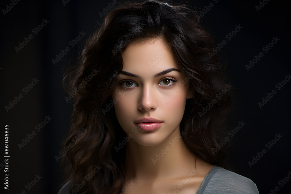 Fototapeta premium close-up portrait of a young woman with wavy brown hair and intense brown eyes against a dark background