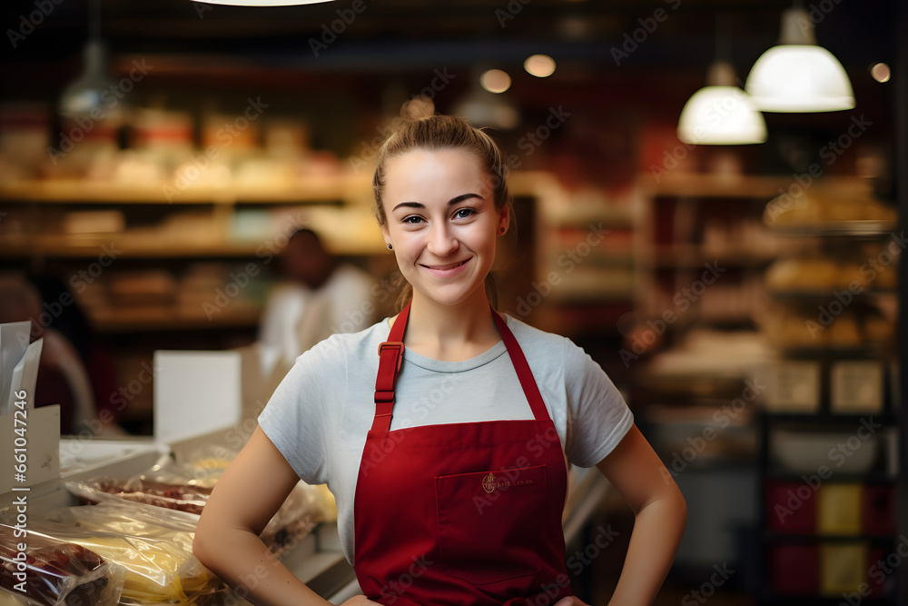 A woman in a red apron stands smiling in a well-lit bakery