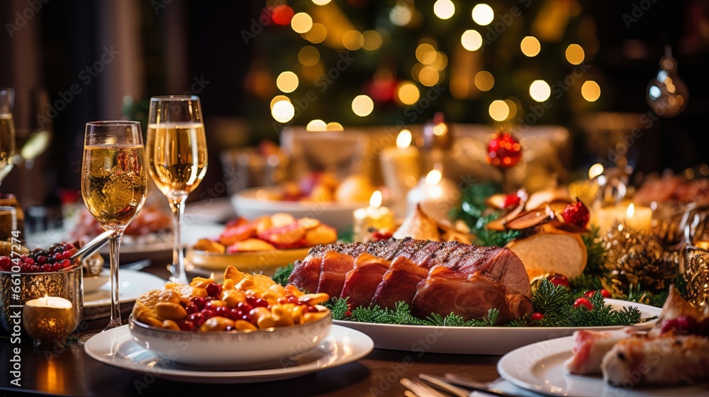 Christmas Dinner table full of dishes with food and snacks, New Year's decor with a Christmas tree on the background