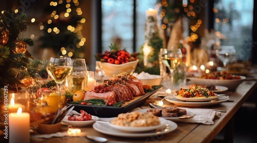 Christmas Dinner table full of dishes with food and snacks  New Year s decor with a Christmas tree on the background