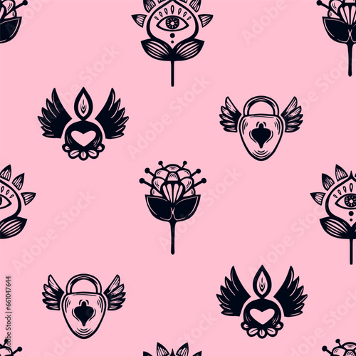 Girlish tattoo seamless pattern on pink background. Girls sign repeat print with flowers, heart key lock, eye, wings. Fashion illustration. Fancy repeated ornament.