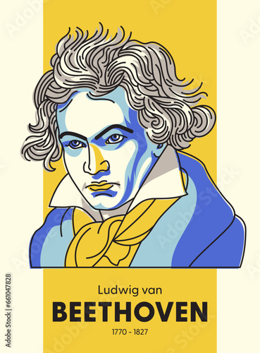 Ludwig van Beethoven - Famous classical music composer; Illustration in vector hand drawn style. Great for poster, sign and print. One of a series