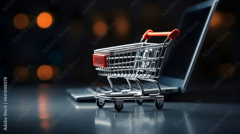 Online Shopping Concept with Miniature Cart on Laptop Keyboard