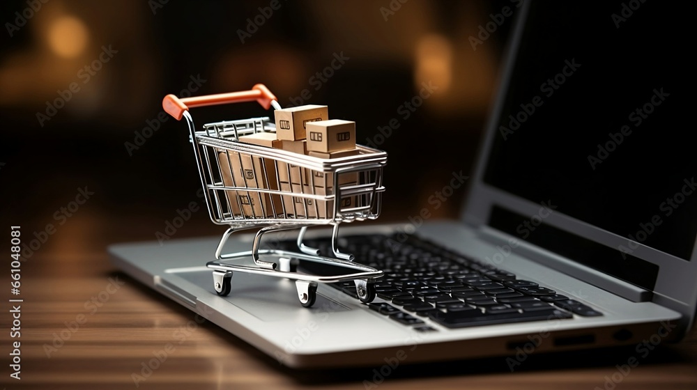 A miniature shopping cart with packages on a laptop keyboard symbolizes the convenience of e-commerce.