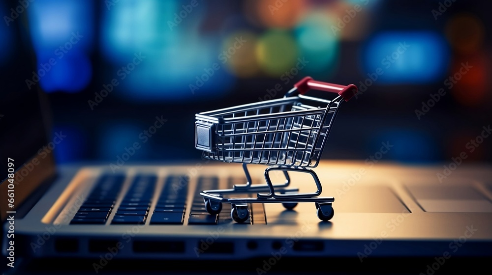 Online Shopping Concept with Miniature Cart on Laptop Keyboard